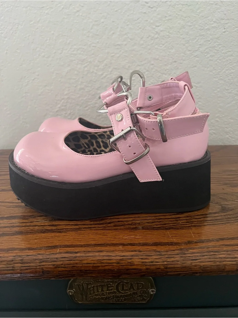 Demonia Faux Patent Leather Platform Mary Janes Pink Shoes Heart Buckle Strap 6